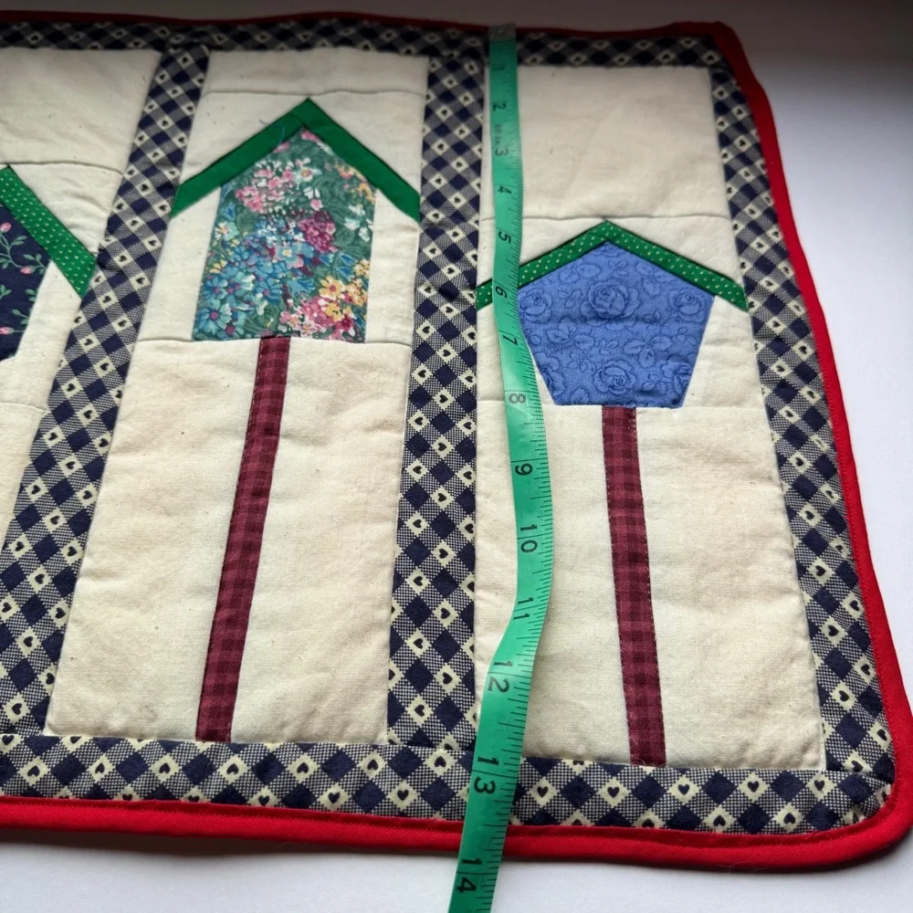 Vintage Handmade Patchwork Quilted Placemat Bird House red blue cottage rustic